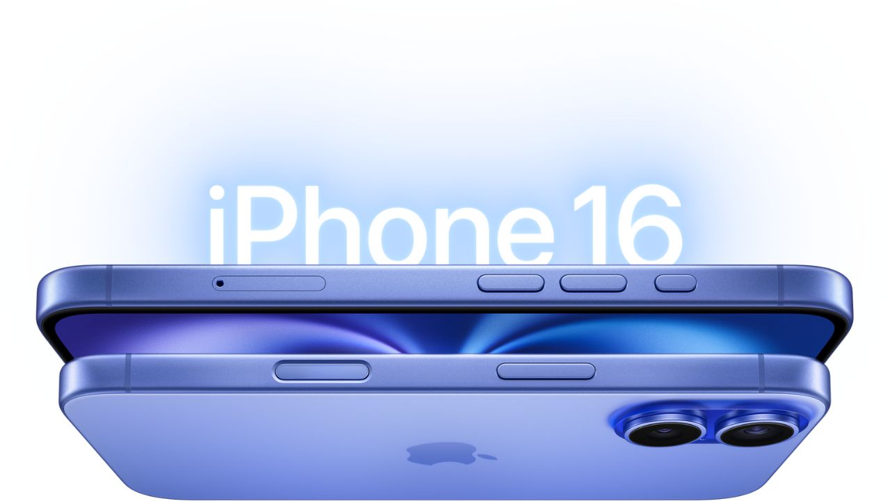 Apple iPhone 16 models in Ultramarine, side exterior, side button, raised dual camera system.